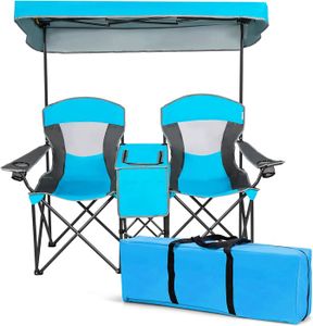 CHAISE DE CAMPING GOPLUS Chaise de Camping 2 Place avec Auvent Réglable et Amovible-Chaise Pliante avec Mini Table-Sac Isotherme-Charge 120KG Bleu